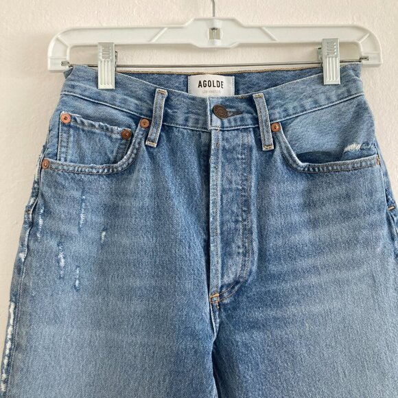 Agolde Riley Jeans Button Fly High Ride Distressed Classic Rigid Denim Crop 23 - Picture 2 of 11